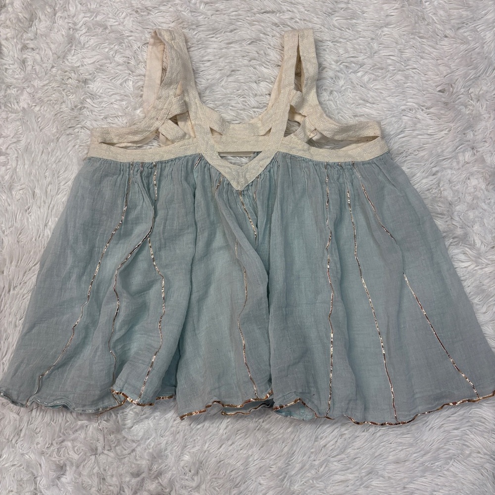 Free People Light Blue and Cream Sleeveless Cotton Boho Blouse